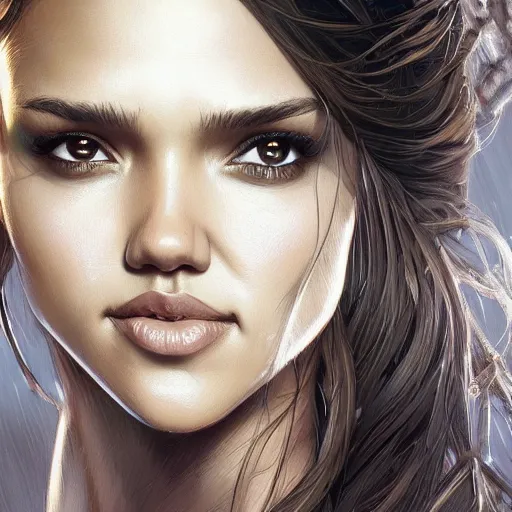 Prompt: beautiful young jessica alba, closeup, d & d, fantasy, intricate, elegant, highly detailed, digital painting, artstation, concept art, matte, sharp focus, illustration, art by artgerm and greg rutkowski and alphonse mucha