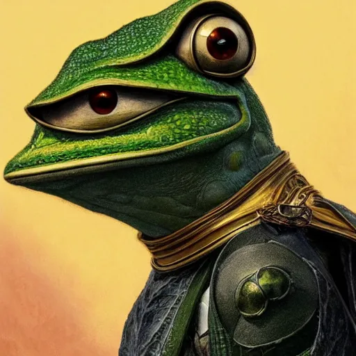 Image similar to pepe the frog as aragorn by alan lee, leather armor, golden hour, concept art, detailed clothing, art station, oil painting, art by artgerm and greg rutkowski and alphonse mucha