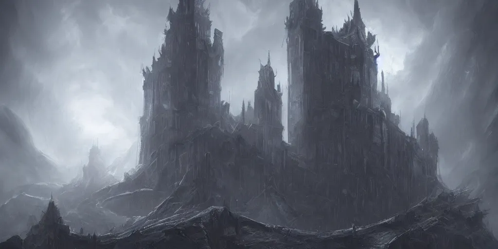 Image similar to grimdark fantasy fortress, terrifying, looming, dark, fog, artstation