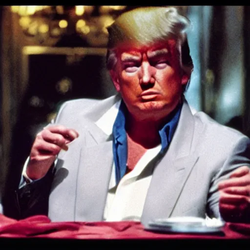 Image similar to film still of Donald Trump as Tony Montana in Scarface