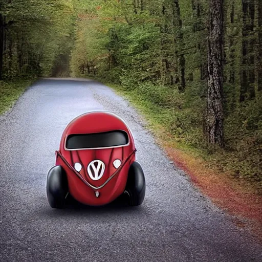 Prompt: promotional scifi - mystery movie scene of a giant - sized ladybug that is a hybrid with a ( volkswagen beatle ) hybrid, flying down a dusty back - road in smokey mountains tennessee. cinematic, muted dramtic color, 4 k, imax, 7 0 mm, hdr