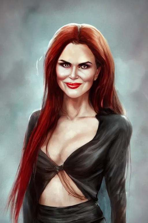 Image similar to mix of beautiful young maria shriver, mariel hemmingway, brooke shields, nicole kidman and elle macpherson as a vampire showing vampire teeth, ready to bite, thin lips, hair tied up in a pony tail, dark blonde hair, colorful, deviantart, artstation, cgsociety