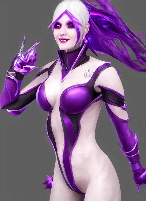 Prompt: smiling syndra, from league of legends, white hair, purple magic, hyper detailed, digital art, au naturel, with abs, trending in artstation, cinematic lighting, studio quality, smooth render, unreal engine 5 rendered, octane rendered, art style by klimt and nixeu and ian sprigger and wlop and krenz cushart