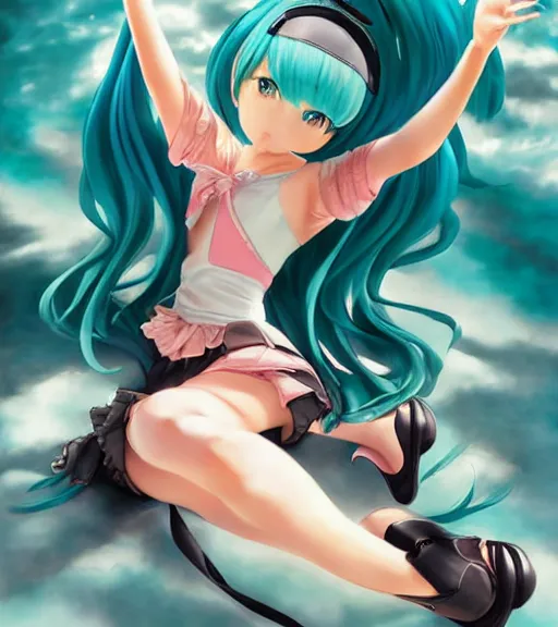 Prompt: Anime art of beautiful Hatsune miku with beautifel legs by artgerm, rossdraws, magali villeneuve, Gil Elvgren, Alberto Vargas, Earl Moran,, Art Frahm, Enoch Bolles, beautiful legs