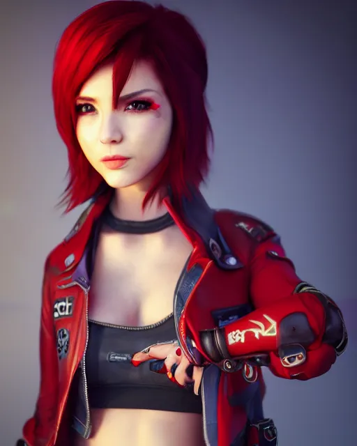 Image similar to a girl with short red hair, cool, vi from arcane, league of legends, fighter, cool red jacket, tattoo, beautiful, 3 d, potrait, art staion, studio light, closeup shot, octane render, wlop, realistic, neon