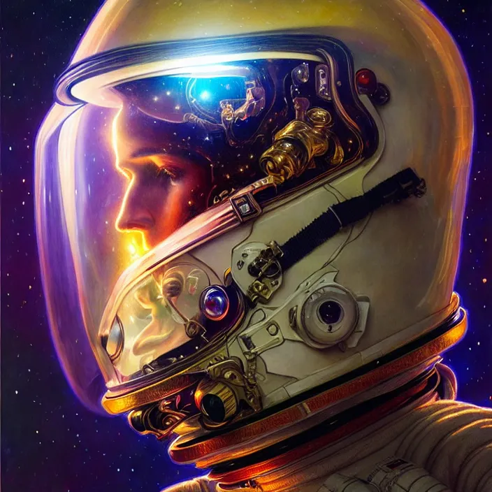 Image similar to astronaut with psychedelic reflections on helmet, diffuse lighting, fantasy, intricate, elegant, highly detailed, lifelike, photorealistic, digital painting, artstation, illustration, concept art, smooth, sharp focus, art by John Collier and Albert Aublet and Krenz Cushart and Artem Demura and Alphonse Mucha