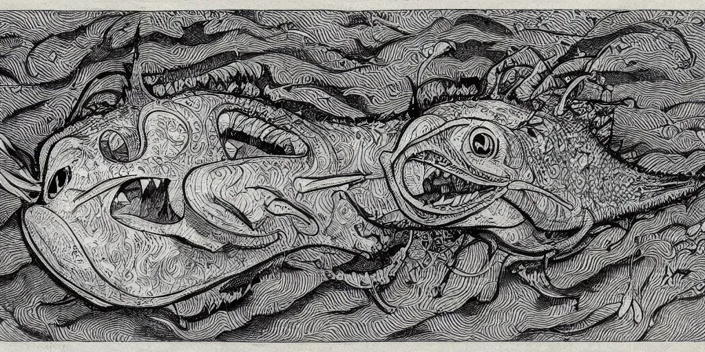 Image similar to illustration of an angler fish, in the stle of yoshi yoshitani, deep sea, large mouth filled with pointed teeth, stylized linework, ornamentation, artistic