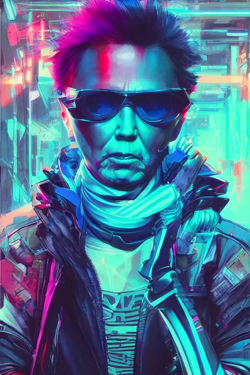 Image similar to a cyberpunk christopher walken with blue hair, neon colors, hyper detailed, digital art, cinematic lighting, concept art by artgerm and greg rutkowski and caravaggio and moebius and jakub rebelka