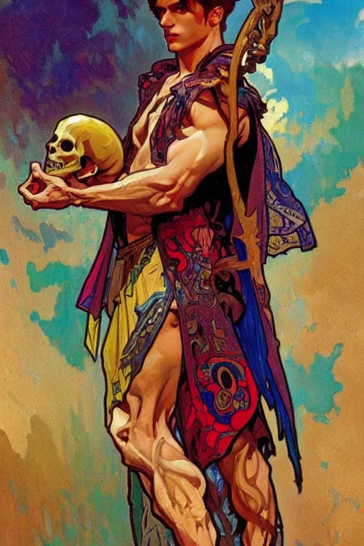 Image similar to A mage wearing colorful clothes, muscular, fantasy, holding a skull, painting by greg rutkowski and alphonse mucha