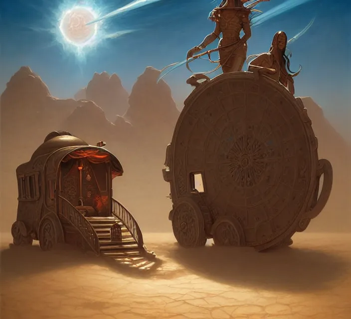 Prompt: subsurface scattering, a desert caravan rests at an azure watery oasis, the art of athas and dark sun, brom's dark sun art on a 7 0's style fantasy novel cover, digital painting by brom, amazingly detailed d & d art, concept art, intricate details, beautiful, volumetric lighting, ultrarealistic, cgsociety, artstation