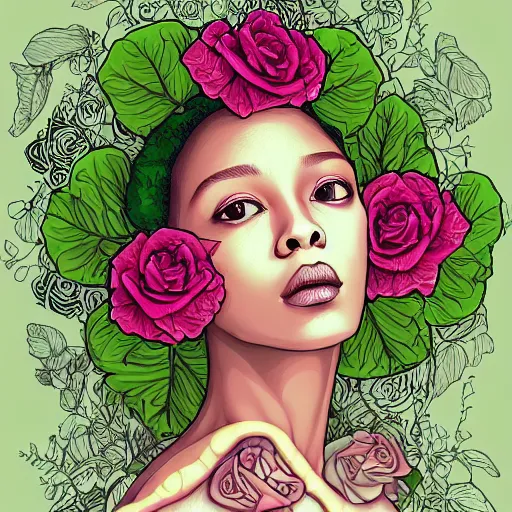Image similar to the anatomy of a head of lettuce with roses that resemble a beautiful young black woman looking up, an ultrafine detailed illustration by james jean, intricate linework, bright colors, final fantasy, behance contest winner, vanitas, angular, altermodern, unreal engine 5 highly rendered, global illumination, radiant light, detailed and intricate environment
