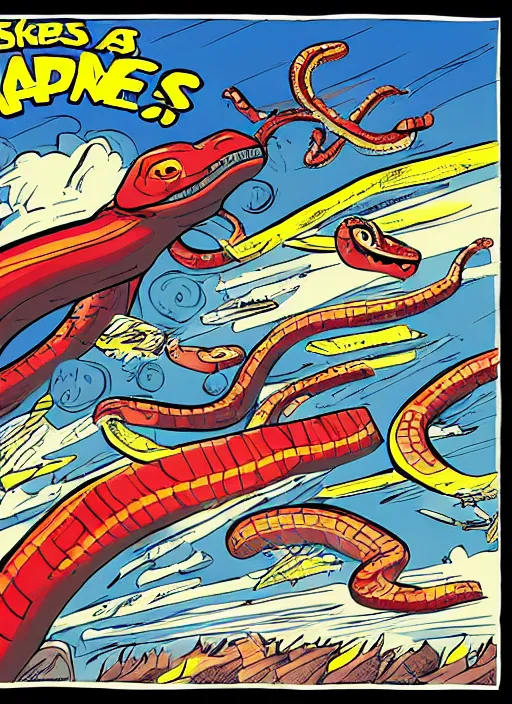 Prompt: snakes on a plane, comic book style by ralph goings, digital art