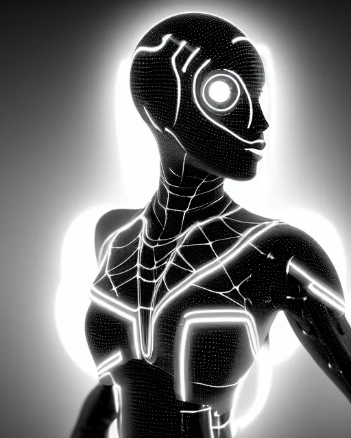Prompt: black and white cyborg goddess high quality portrait, artificial intelligence, bio-mechanical bio-luminescence, artificial spider web, neurons, nerve cells, octane render, cinematic, hyper realism, high detail, 8k, in the style of Steven Meisel