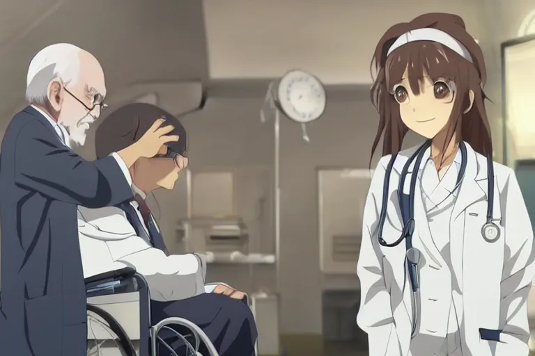 Image similar to a cute young female doctor wearing white coat, an old man of 80 years in a wheelchair, hospital ward, slice of life anime, cinematic, realistic, highly detailed, 8kHDR, anime scenery by Makoto shinkai