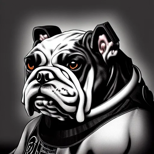 Image similar to « a comic styled cyborg bulldog sitting down, cyberpunk digital art by greg rutkowsky, illustration, sharp focus, highly detailed, future tech, sketchfab »