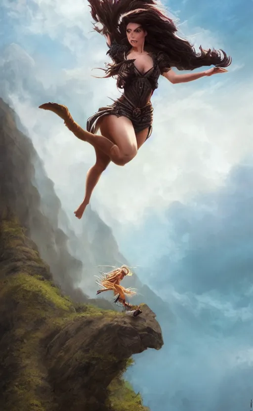 Prompt: photorealistic image of beautiful victorian female jumping gainer from a cliff fantasy warrior goddess, wind blown hair, seductive, confident, Neil Blevins, Frank frazetta, arney freytag, Magic the gathering,octane,