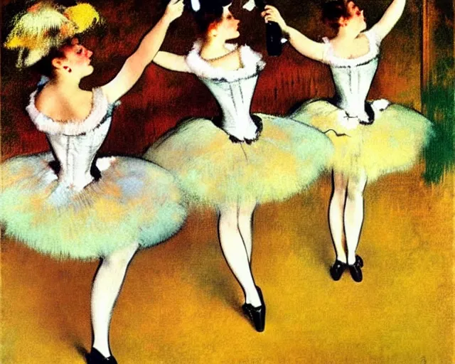 Prompt: vintage, champagne. cancan, french, realistic, cheerful, 1 9 0 2 art by degas