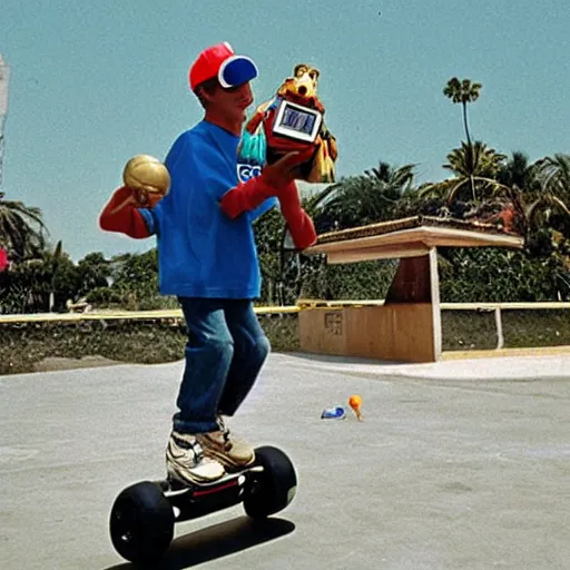 Image similar to a dodo wearing a gold chain around its neck and baseball cap, on a hovering hoverboard at a skate park near the beach, 1990s cartoon