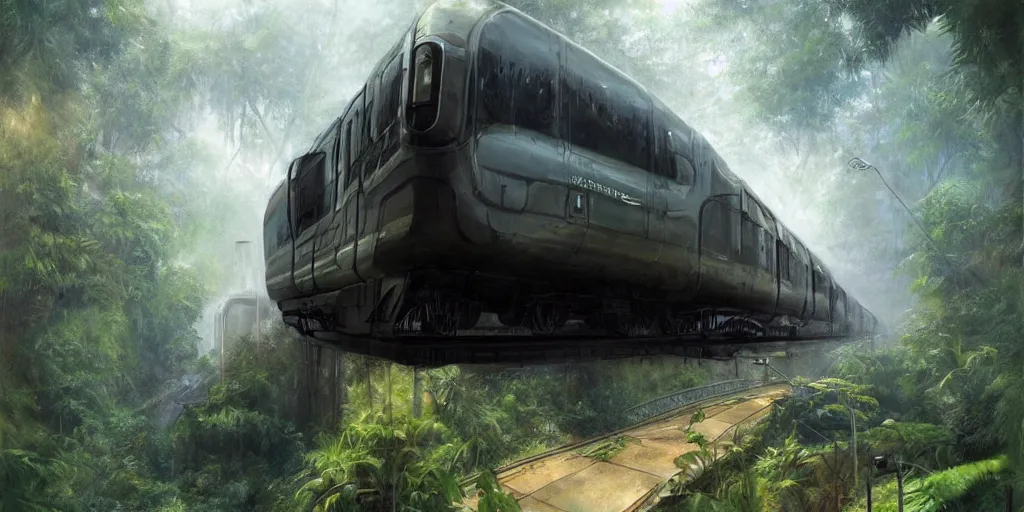 Image similar to futuristic train in the mist of the jungle, artstation, james gurney