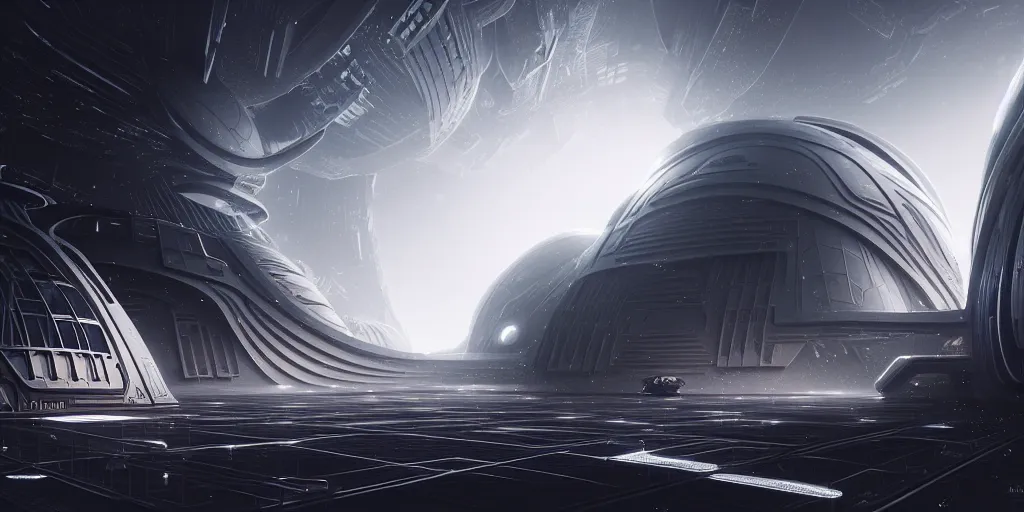 Image similar to futuristic space station 3 d concept art, cinematic lighting, intricate details, building by zaha hadid, light snowfall, pastel sunset, emissary space by arthur haas and bruce pennington and john schoenherr, cinematic matte painting, dark moody monochrome colors, trending on artstation, featured on behance