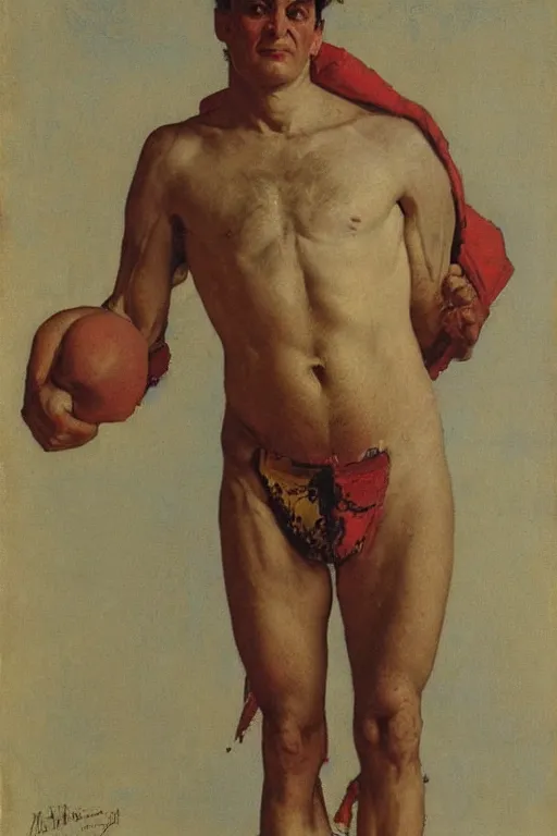 Image similar to body portrait of actor vincent elbaz posing as a wrestler, colour painting by norman rockwell, guidi prime background by carl spitzweg