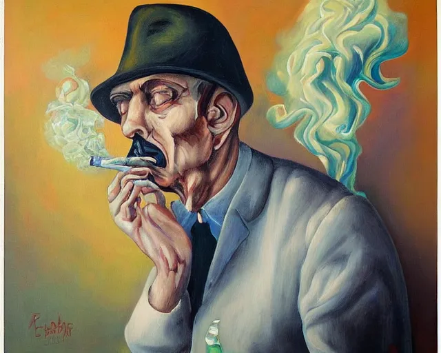 Image similar to a surreal painting of man smoking a joint