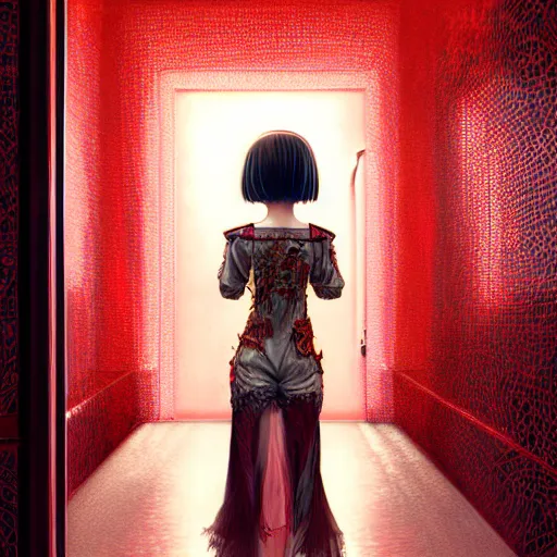 Prompt: beautiful girl in intricate clothing walking through a hallway made of blood diamonds, reflections, very high intricate details, horror, painting, digital anime art, medium shot, mid - shot, wlop, ilya kuvshinov, artgerm, krenz cushart, greg rutkowski, sana takeda