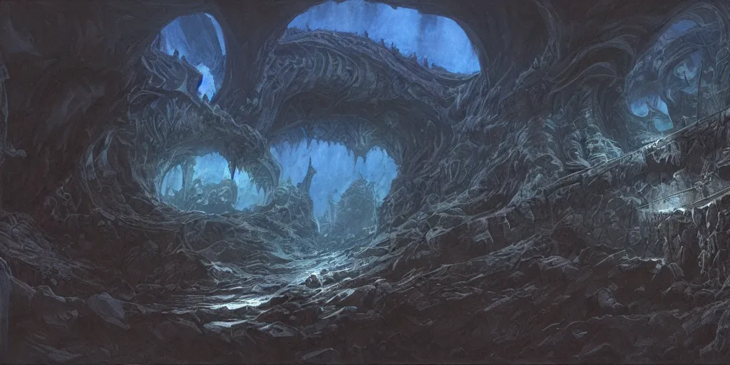 Image similar to artwork by john howe of the ruthless leviathan, cavern, 8 k, centered, highly detailed