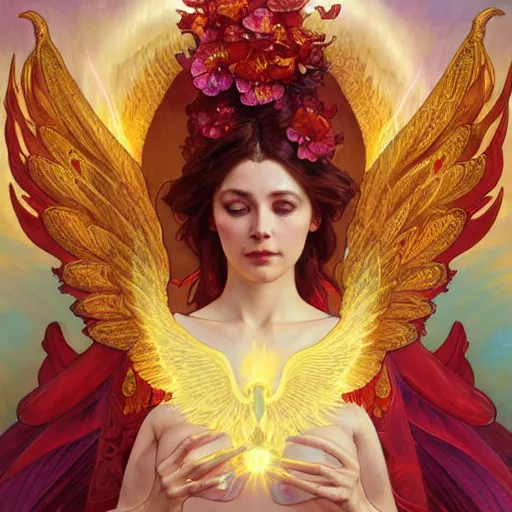 Prompt: a beautiful orchid phoenix angel woman, in an ornamented dress with large wings, rubies, volumetric light, god rays, highly detailed painting by greg rutkowski, artgerm, alphonse mucha