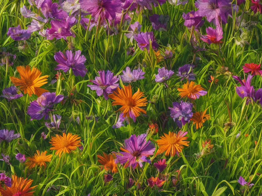 Prompt: sunlight study, wildflower undergrowth, art nouveau, by rachel ruysch and albert bietstadt and ( ( ( ( ( lisa frank ) ) ) ) ), 8 k, sharp focus, octane render, kauai