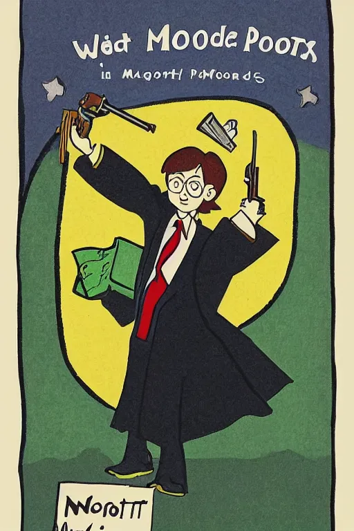 Image similar to an illustration of harry potter holding a pistol in the style of goodnight moon by margaret wise brown