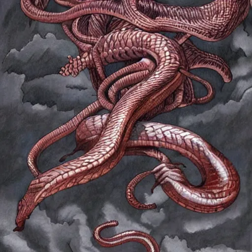 Image similar to a male naga, serpent body, kentaro miura art style