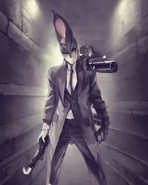 Prompt: rabbit hitman, manga art style, anime art style, dynamic lighting, fantasy concept art, trending on art station, stunning visuals, creative, cinematic, ultra detailed