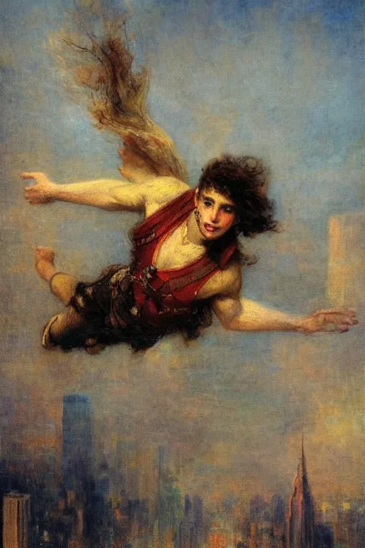 Image similar to painting of a young man flying through new york city. his hands stretched to the side. the city is alive beneath him. art by gaston bussiere.