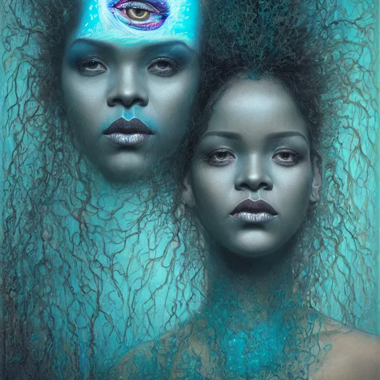 Image similar to Hyperrealistic intensely colored close up studio Photograph portrait of a deep sea bioluminescent Rihanna, symmetrical face realistic proportions eye contact, sitting in Her throne underwater, award-winning portrait oil painting by Norman Rockwell and Zdzisław Beksiński vivid colors high contrast hyperrealism 8k