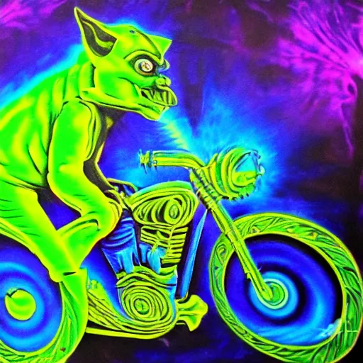 Image similar to psychedelic blacklight airbrush artwork of an orc riding a motorcycle, airbrushed on a black background