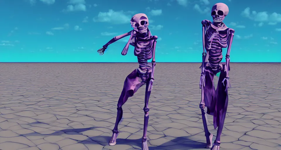 Image similar to fullbody vaporwave art of a fashionable skeleton girl at a beach, early 90s cg, 3d render, 80s outrun, low poly, from Hotline Miami