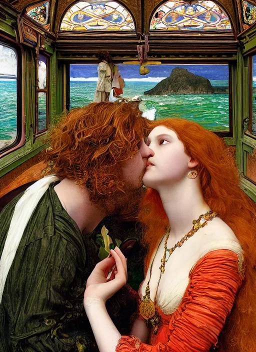 Image similar to detailed colourful masterpiece of intricate preraphaelite art nouveau photography couple portrait sat down extreme closeup, love, inside an underwater train, detailed realistic expressions, wearing unusual clothes, by ford madox brown and frederic leighton and john william waterhouse and william morris, ultra wide angle
