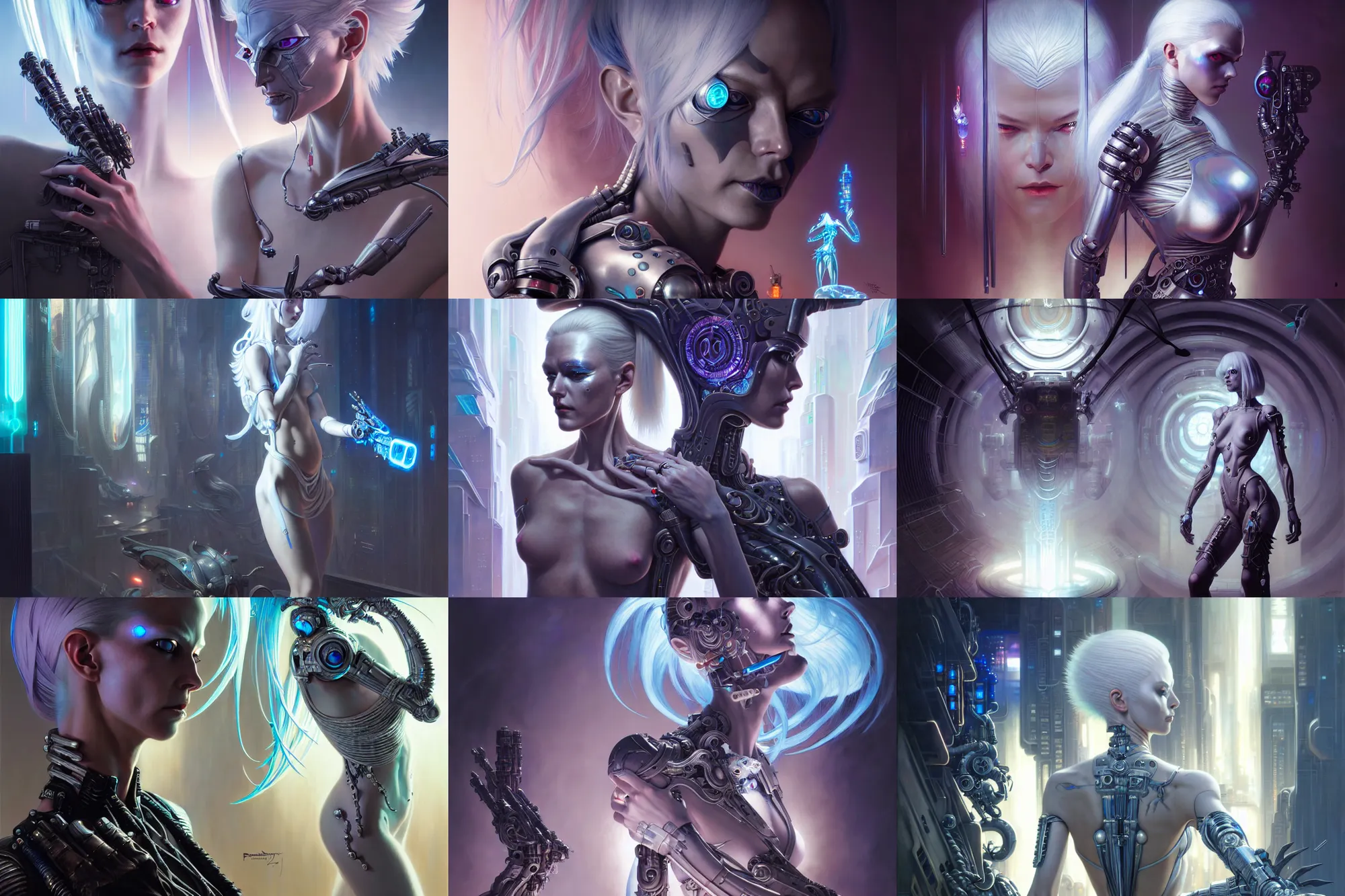 Prompt: silver haired cyberpunk girl, dramatic lighting, ultra realistic, intricate details, the fifth element artifacts, highly detailed by peter mohrbacher, allen williams, hajime sorayama, wayne barlowe, boris vallejo, aaron horkey, gaston bussiere,