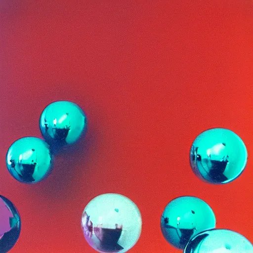 Prompt: chrome spheres on a red cube, kodak ektachrome photograph