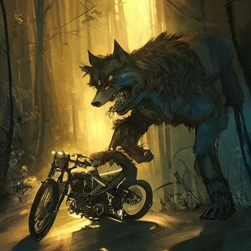 Image similar to werewolf riding motorcycle along a dark street in the woods, concept art, smooth, sharp focus, illustration, art by artgerm and greg rutkowski and alphonse mucha