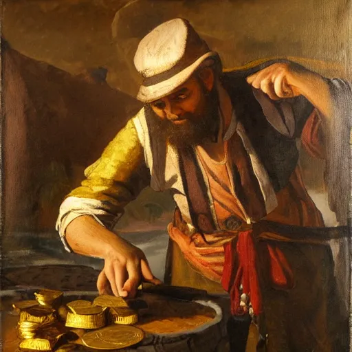 Image similar to merchant discovering gold, oil painting