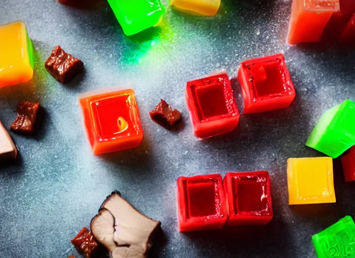Image similar to dslr food photo still of jello mold with cubes of beef in it, 8 k, 8 5 mm, f 1. 8