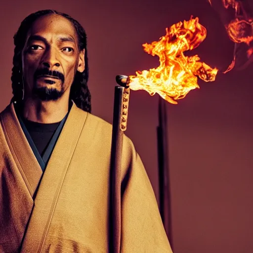 Image similar to cinematic film still of Snoop Dogg starring as a Samurai holding fire, Japanese CGI, VFX, 2022, 40mm lens, shallow depth of field, film photography