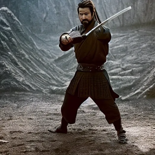 Prompt: handsome and strong kurdish samurai wielding a katana in a movie directed by christopher nolan, movie still frame, promotional image, imax 7 0 mm footage, perfect symmetrical facial features