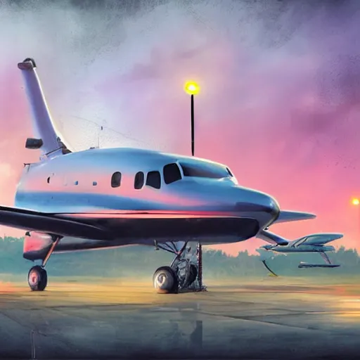 Image similar to movie frame of a vintage private jet parked on the tarmac on a misty, epic day, wet ground, neon lights, very wide angle shot, by ian mcque, by robert valley, cinematic composition, global illumination