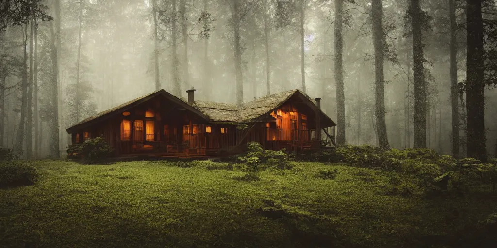 Image similar to an exquisite wooden house in a lush forest, architectural photography, dark and dim lighting, beautiful, tranquil, moody, cinematic, fantasy, 3 5 mm lens, volumetric lighting, first person view, photographic render, hyper realistic