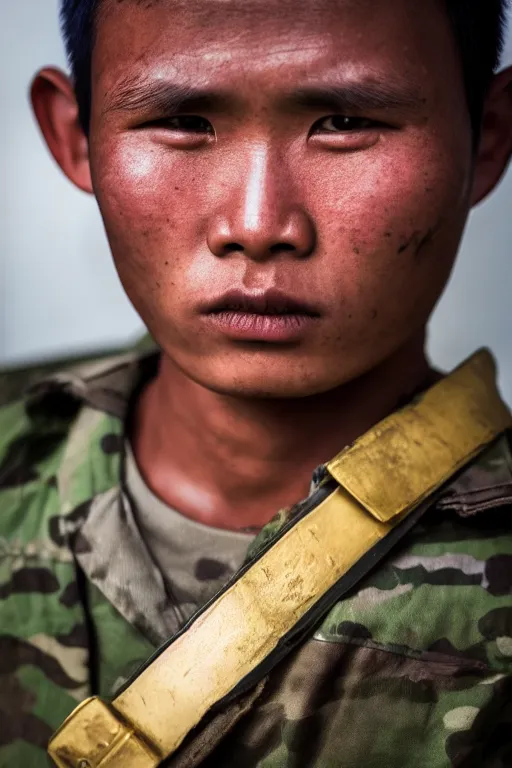 Prompt: a portrait of a burmese rebel soldier, close up photography, f / 2 0, 3 5 mm, 4 k, 8 k, studio lighting, award winning photography