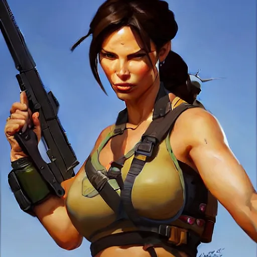 Image similar to Greg Manchess portrait painting of Lara Croft as Overwatch character, medium shot, asymmetrical, profile picture, Organic Painting, sunny day, Matte Painting, bold shapes, hard edges, street art, trending on artstation, by Huang Guangjian and Gil Elvgren and Sachin Teng