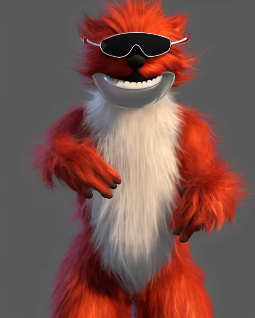 Image similar to 3 d render of completely red hairy friendly creature smiling wearing chrome shades, full body, simple, cute, white background, unreal engine 5 hdr